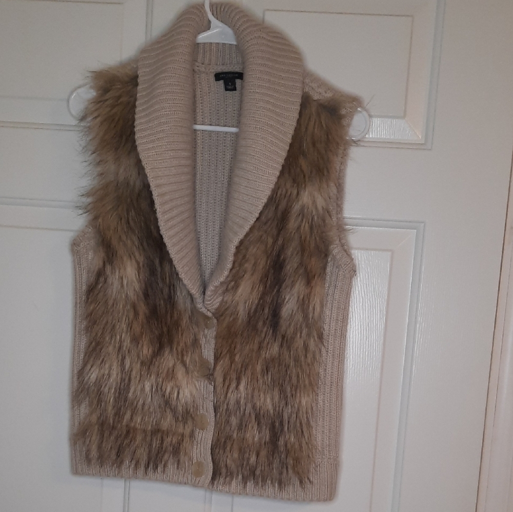 Ann Taylor Faux Fur Cardigan Vest - Beige and Brown